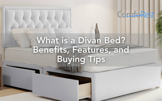 Elegant grey divan bed with a tufted headboard, spacious storage drawers, and premium mattress, showcasing the benefits, features, and buying tips for divan beds in a modern UK bedroom