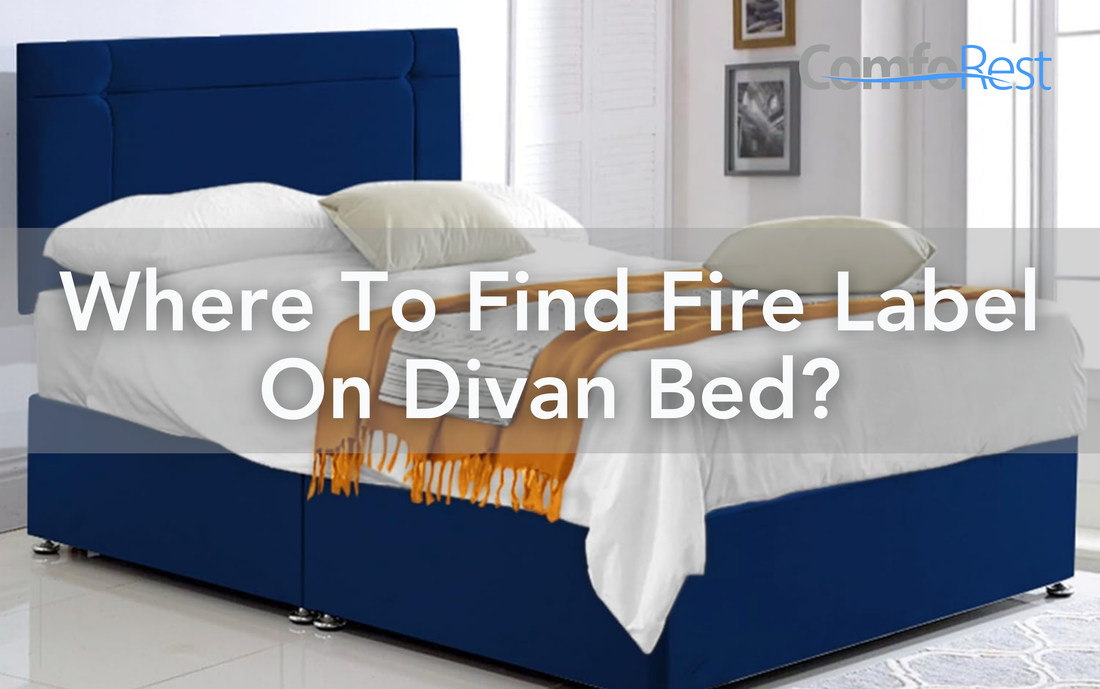 Blue divan bed with pillows and blanket, highlighting where to find the fire safety label on a divan bed.