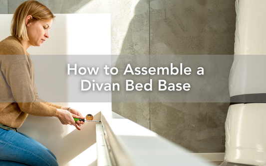 Step-by-step guide to assembling a divan bed base, featuring a woman using tools for easy setup. Ideal for DIY bedroom furniture assembly