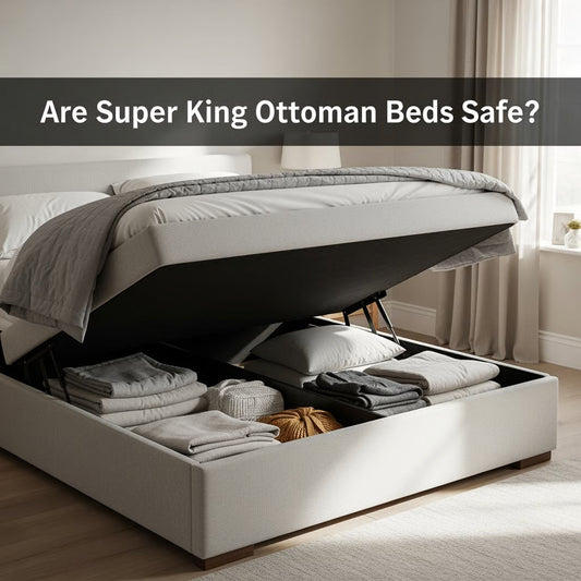 a super king ottoman bed with open storage and text questioning if it's safe