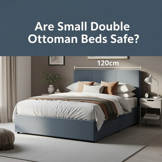 grey small double ottoman bed with text above
