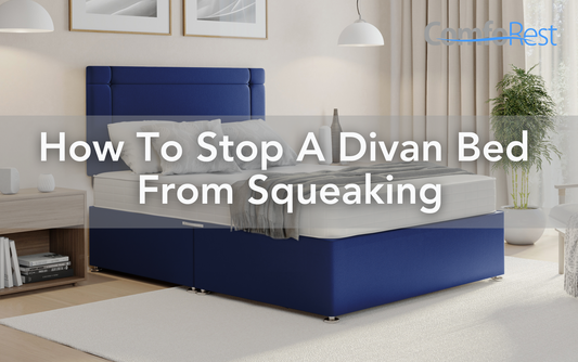 Blue divan bed in a stylish bedroom with text about stopping squeaking.