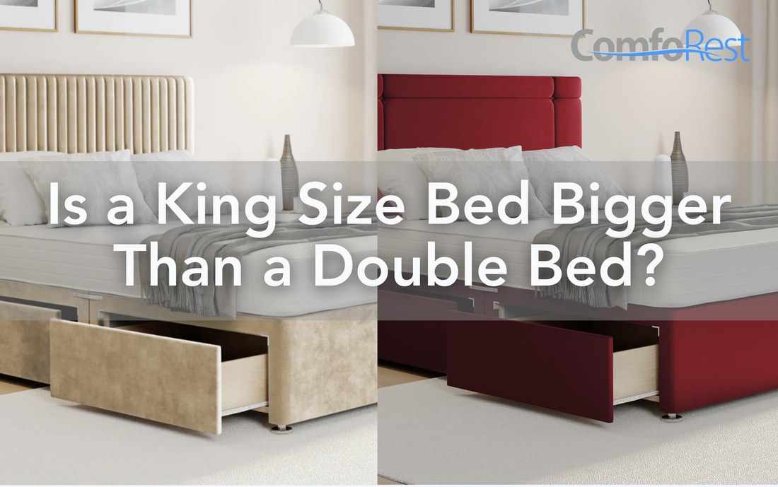 Side-by-side comparison of a beige King size bed and a red Double bed with storage drawers open, overlaid with the question: 'Is a King Size Bed Bigger Than a Double Bed?' and ComfoRest branding