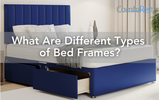 ComfoRest blue upholstered divan bed frame with storage drawers, showcasing modern design and practical functionality