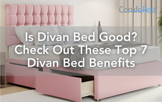 Pink divan bed with built-in drawers, styled in a modern bedroom. Text overlay: 'Is Divan Bed Good? Check Out These Top 7 Divan Bed Benefits