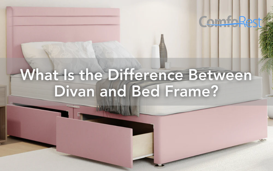 Pink upholstered divan bed with storage drawers extended, showcasing the difference between divan and standard bed frame – ComfoRest guide visual
