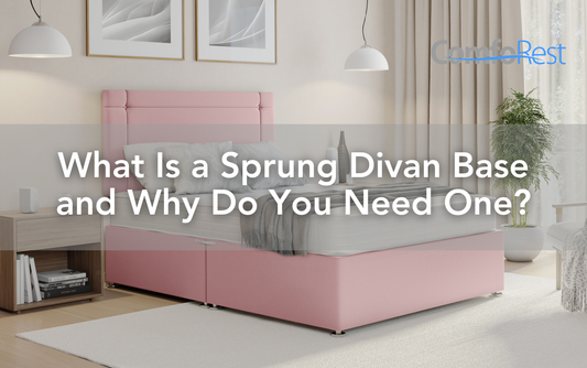 Pink sprung divan base bed in a modern bedroom setting with text overlay asking, 'What is a sprung divan base and why do you need one?'