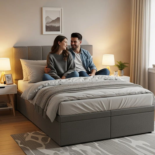 a small double ottoman bed with a couple on it