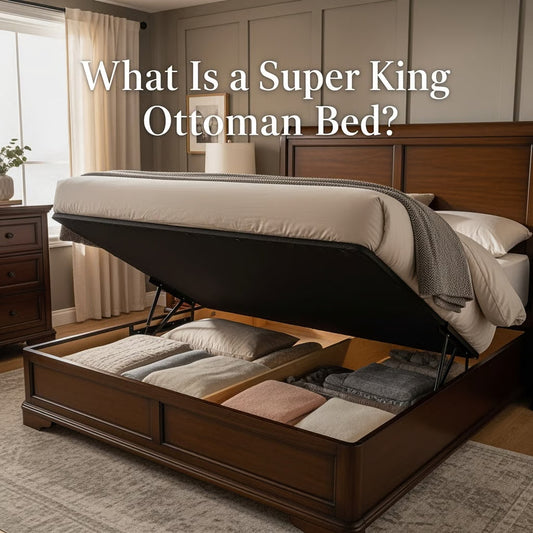 a wooden super king ottoman bed with open storage