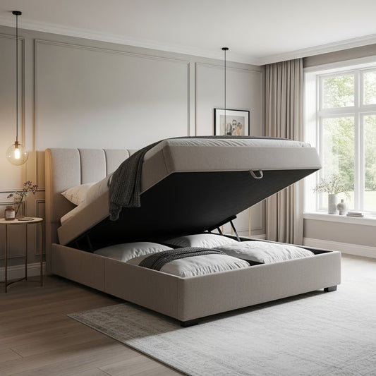 a king size ottoman bed with pillows and storage underneath