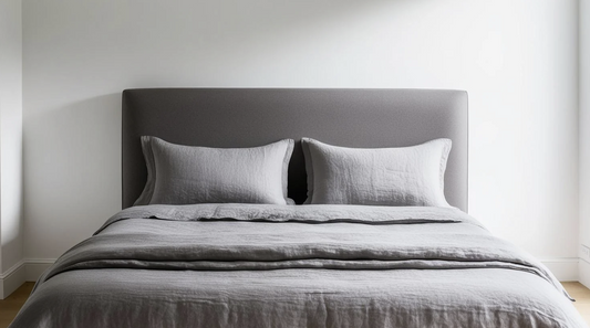 a king size bed in grey plush fabric