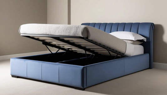 blue king size ottoman bed with panelled headboard and open storage