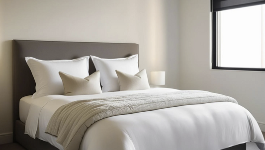 grey king size bed with white pillows and white duvet