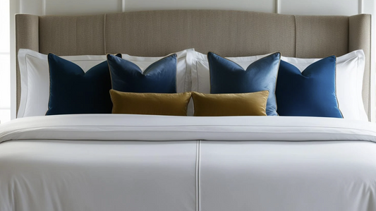 king size bed dressed with different coloured pillows