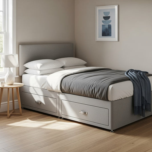 greay small double divan bed with pull out drawers