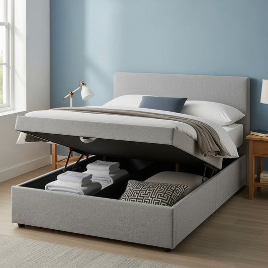 a small double ottoman bed with open storage