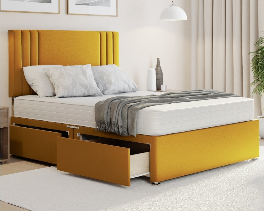 Mustard Plush Felix divan king bed in Plush fabric with mattress, storage.