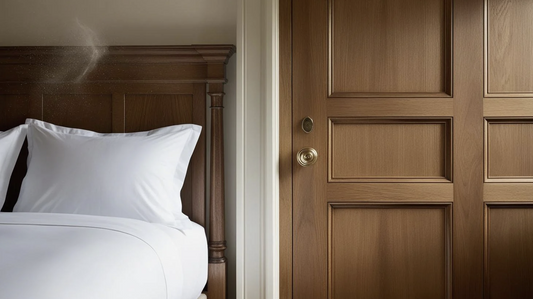 a king size bed next to a wooden door