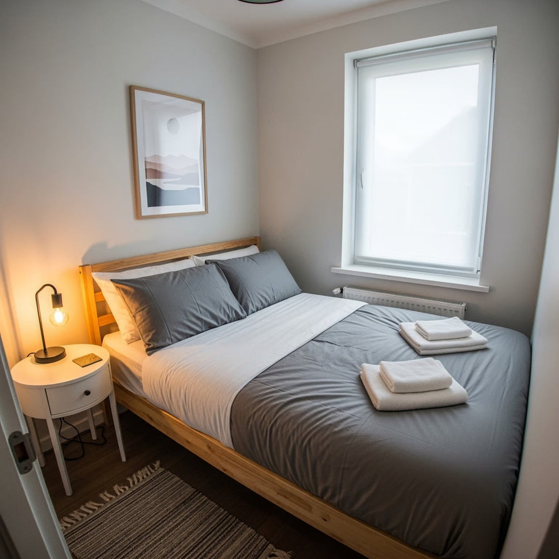 a small double bed in a small room