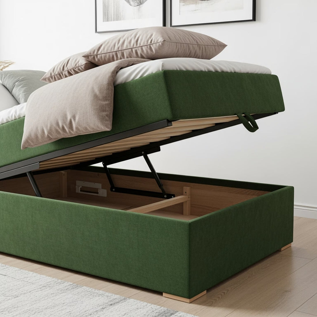 A green single ottoman bed with open storage