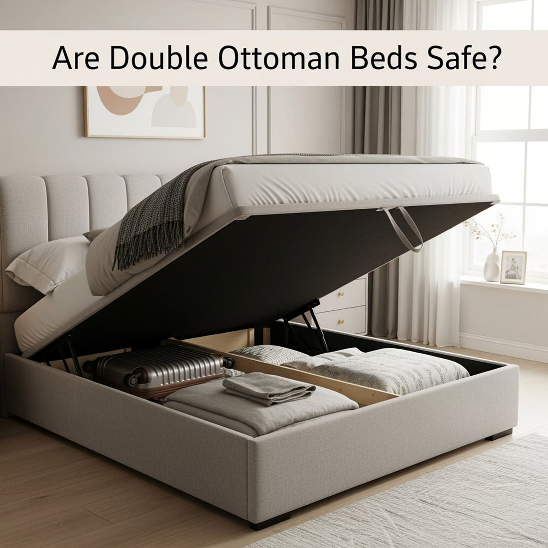 cream double ottoman bed with text above reading are double ottoman beds safe