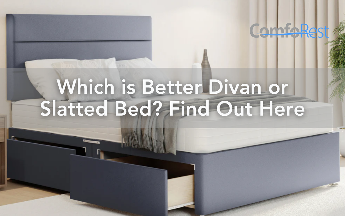 ComfoRest grey divan bed with drawer storage and padded headboard – comparison between divan and slatted bed frames