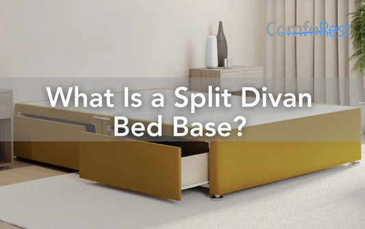 Split divan bed base in mustard yellow with open storage drawers, designed for easy transport and assembly in tight spaces