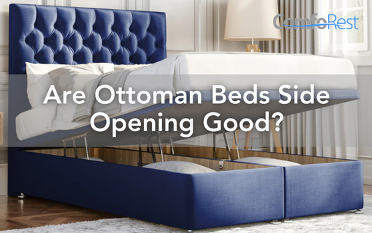 Blue side-opening ottoman bed with mattress lifted to reveal storage compartment, set in a modern bedroom with the text overlay: 'Are Ottoman Beds Side Opening Good?'
