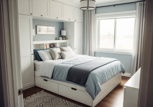 a white king size bed in a small room