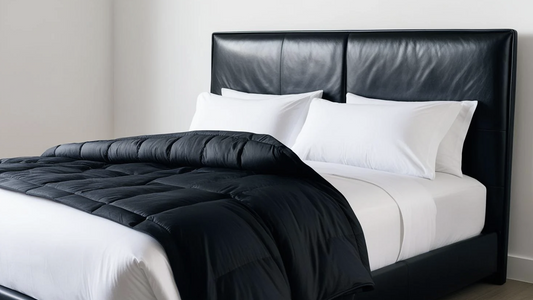 black leather king size divan bed and white pillows