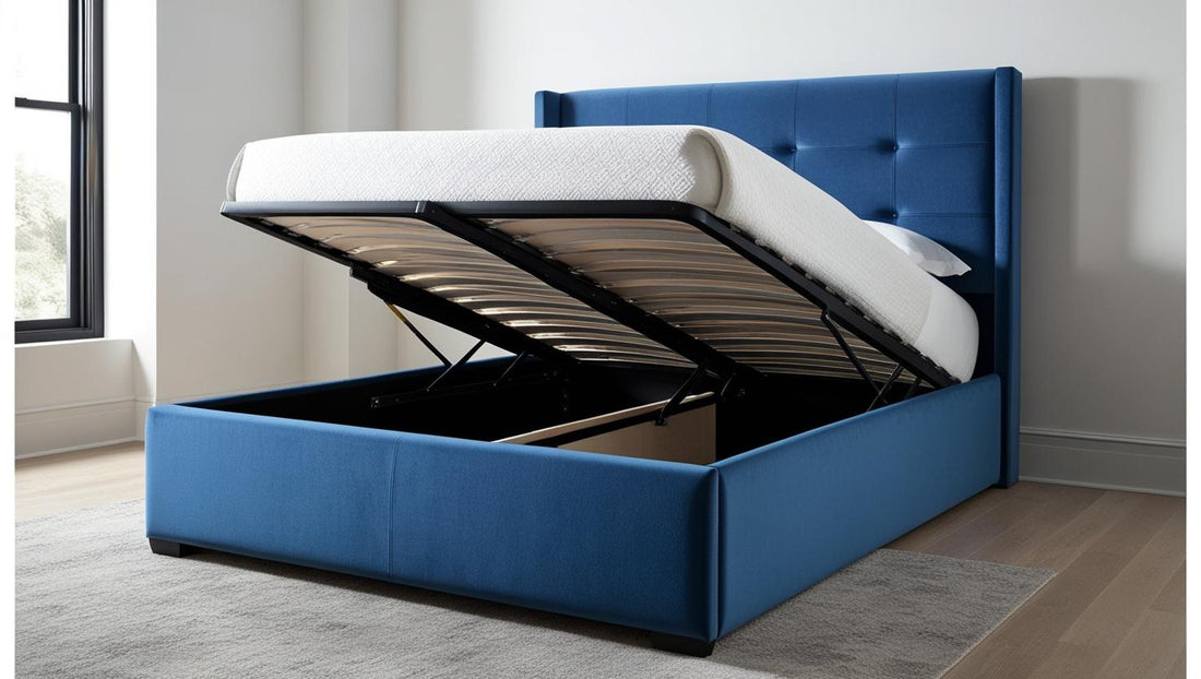 blue king size ottoman winged bed with side opening lift up storage