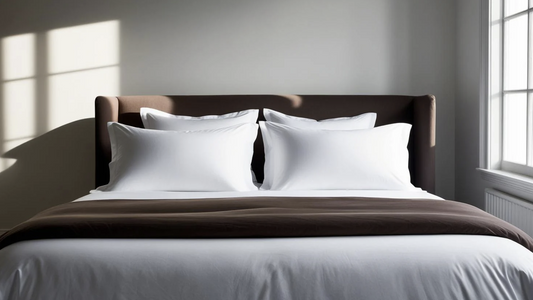 brown king size bed with pillows next to a window