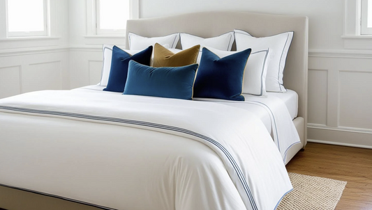 cream king size bed with large headboard and pillows