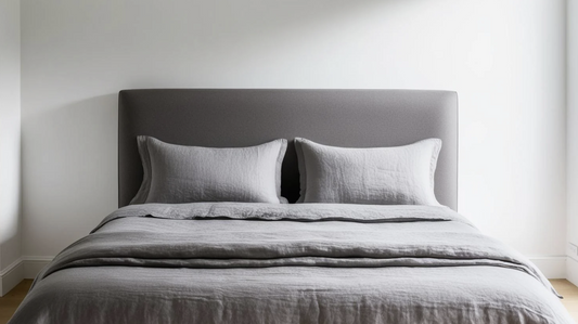 grey king size bed with grey pillows and duvet