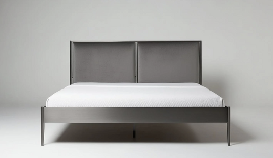grey king size bed frame with a mattress