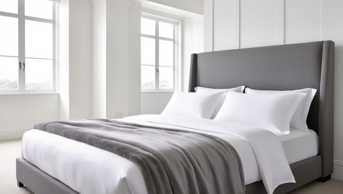 grey king size bed next to windows
