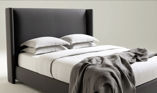 grey plush king size bed frame with winged headboard