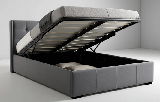 grey plush king size bed with end opening storage