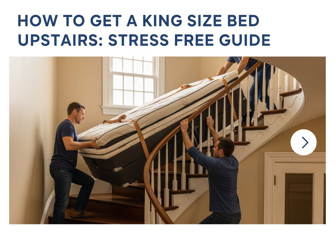 3 people lifting a king size bed up the stairs