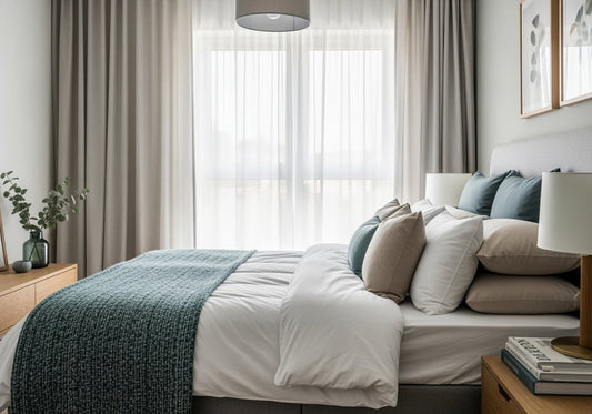 a stylish king size bed with pillows and duvet