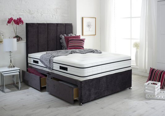 king size divan bed with floor standing headboard in grey fabric
