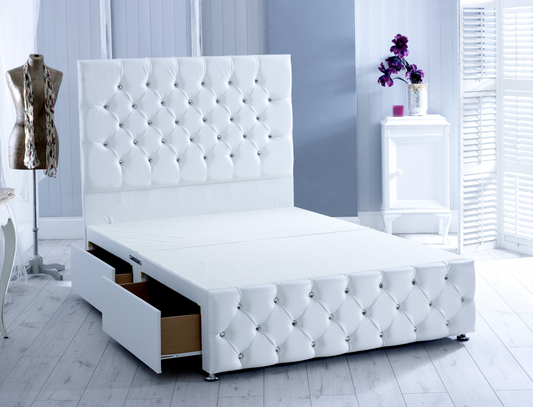 white leather king size divan bed with drawers and footboard