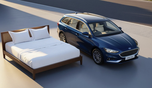 wooden king size bed next to a car