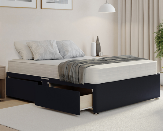 black plush divan bed base with mattress and drawers