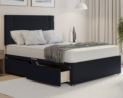 black plush clima style divan bed set with mattress and drawers.