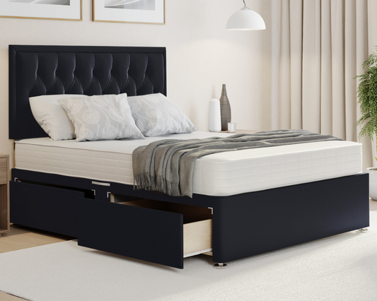 black plush sarah divan bed with mattress and drawers