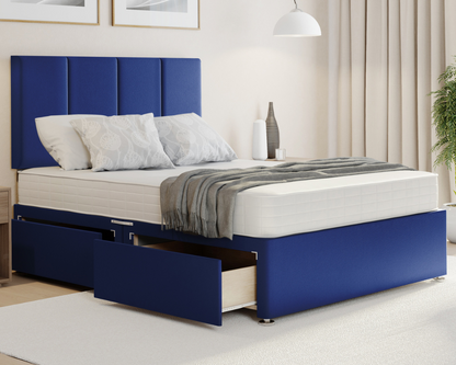 blue plush 4 panel style divan bed with drawers and mattress
