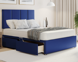 blue plush 4 panel style divan bed with drawers and mattress