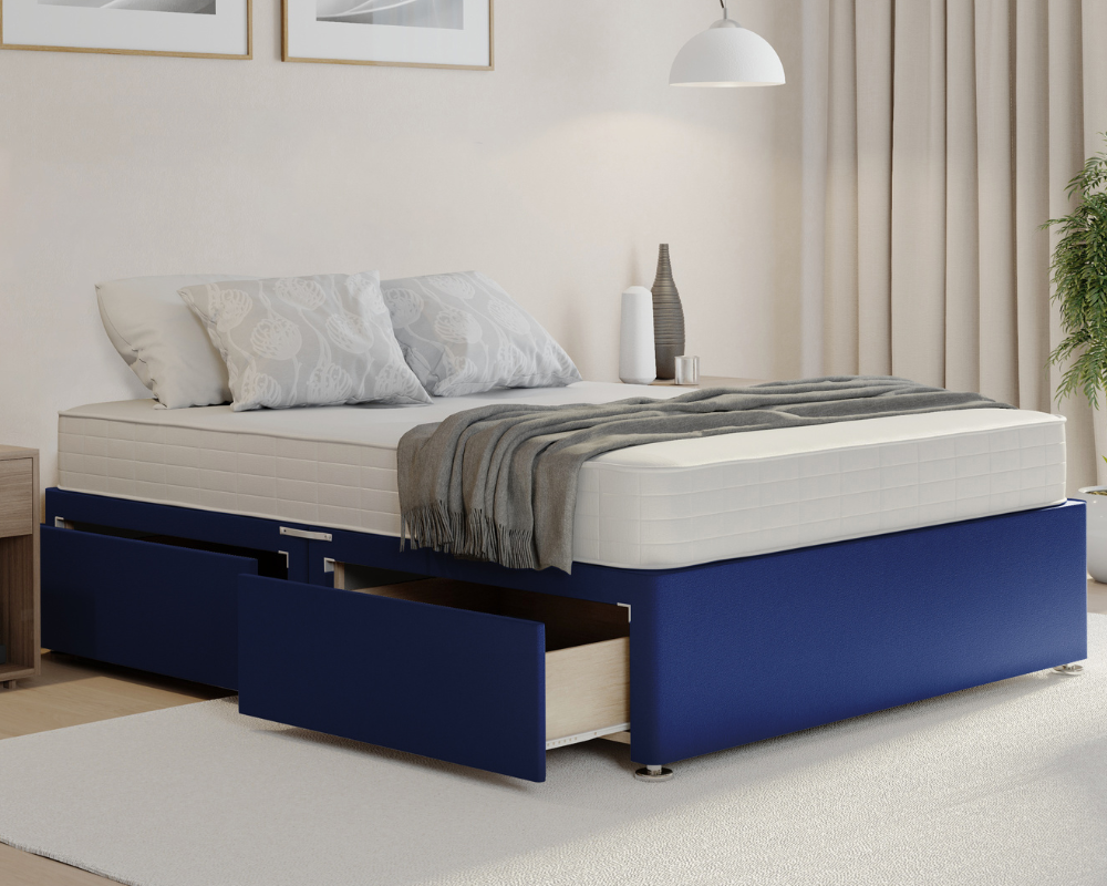 blue plush divan bed base with mattress and drawers
