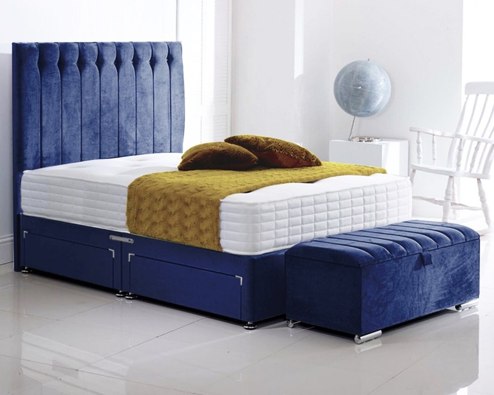Blue Plush Olivia with Ottoman single divan beds in Plush fabric, ottoman storage.